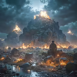 man standing on large rocky hill covered in flames