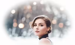 a beautiful woman in black dress looking off to the side
