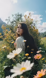 a girl sits among the daisies while she looks out over a meadow