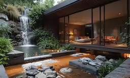 a house with a waterfall inside the middle of it