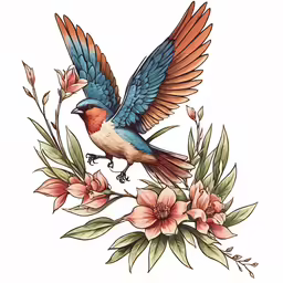 a bird with colorful feathers and flowers