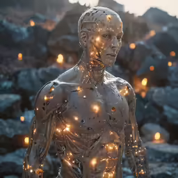 a metallic figure has a lot of lights on it