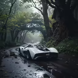 a car is sitting on the side of the road in the rain