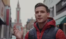 a man wearing a red jacket holding out his fingers