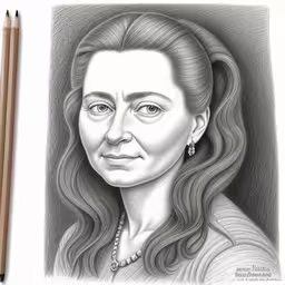a drawing of a woman with long hair and an oval face,the drawing shows a close up of the face and hands,drawing of queen victoria of canada by jane scholaker,a drawing of an old woman with long hair and pearl necklace,a black and white photo of a woman with long hair