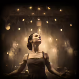 a woman with eyes closed looking upward in front of a stage backdrop
