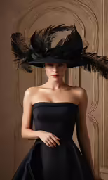 a woman in a black dress and hat