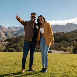 two people pose in front of a mountain landscape