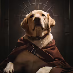 the dog is wearing a brown outfit and a large collar