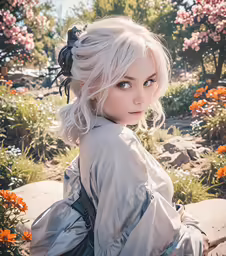 a young blonde girl sitting next to some flowers