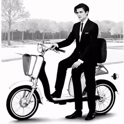 a man in a suit rides on a scooter
