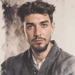 a bearded man is looking into the camera