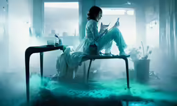 a woman is sitting down while reading
