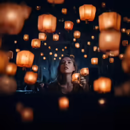 a woman looking at lanterns floating in the air