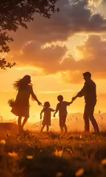 a family is running in the field with a dog