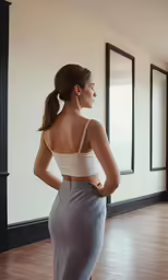 a woman wearing a gray and white dress is standing on the floor