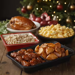 various types of food are displayed on trays
