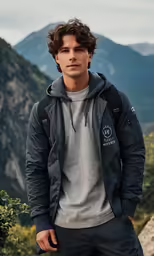a male in a gray and black sweatshirt posing in front of mountains