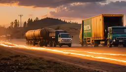 three large trucks on the road at sunset,three trucks driving down a country road near a forest