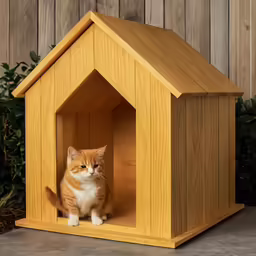 a cat sitting in a wooden house for a cat