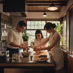 two people cooking together in a kitchen