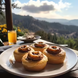 four cookies on a plate are on a table outside