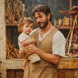 a man holding a baby wearing an apron