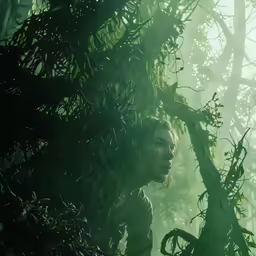 a woman stares down from the top of a tree while standing in the jungle