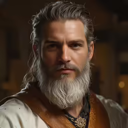 the man has long hair and a white beard