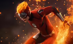 the flash running through a city with flames