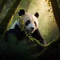 a panda bear that is walking through some trees