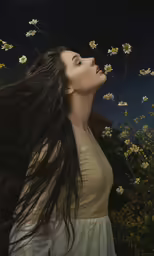a young woman has a bouquet of daisies with her hair