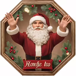 a picture of santa claus sitting in front of a wreath