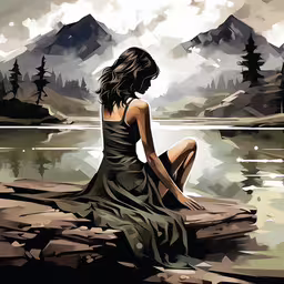 the woman sits on the shore of a mountain lake,the woman in a dress sits on rocks near the water