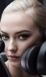 a beautiful blond woman with blue eyes wearing ear phones