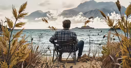 a man sitting at the beach in a chair near some sea oats