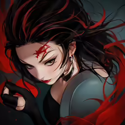 a woman with long hair wearing black and red