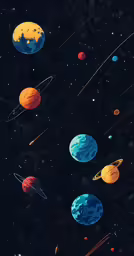 several different types of planets against a dark sky