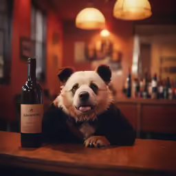 a bear is posed with a bottle of wine