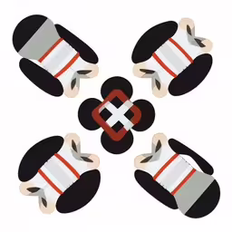 a group of four items that are in the shape of an odd shape,four hats are placed next to each other,four small dolls on top of each other in a circle,four cups with stripes that have been placed together,a top view of four pairs of socks