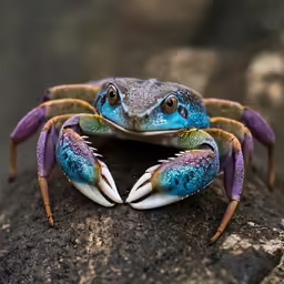 two blue crabs are one is looking out from its shell