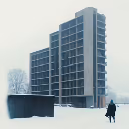 people walking on snow in front of a large building