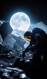 an astronaut is crouched down on the ground in front of the moon