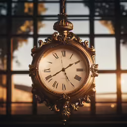 an antique looking clock against a window, possibly at night