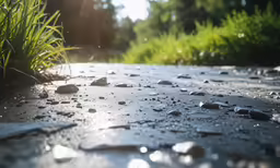 the sun reflects on water and a road with rocks