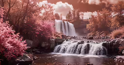 a waterfall flowing through a lush green forest