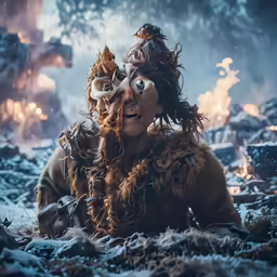 two women with large googly eyes are in the middle of a field