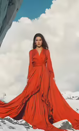 woman in an orange dress stands on a snowy surface
