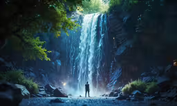 a person standing in front of a waterfall with bright lights