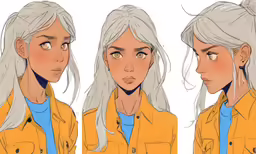 the three views of a woman with long white hair